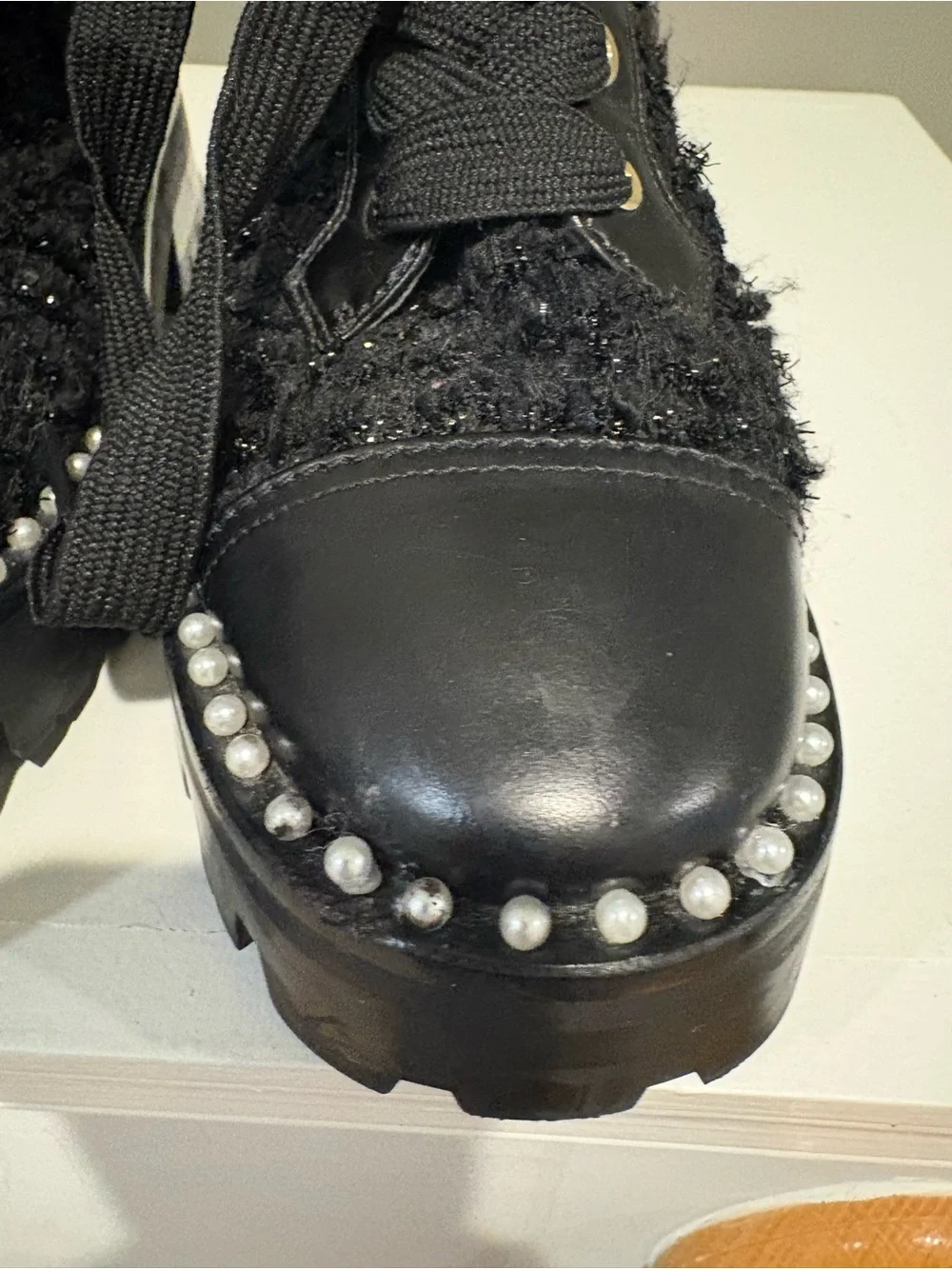 Kate Spade Black Women's Lace-Up Pearl-Trim Combat Boot